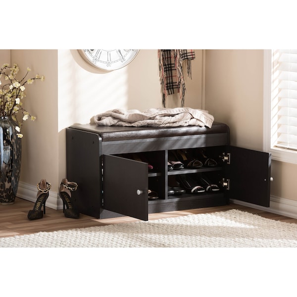 Baxton Studio Margaret Dark Brown Wood 2-Door Shoe Cabinet with Faux Leather Bench - 120-6475