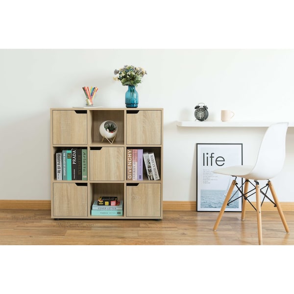 Basicwise 9 Cube Wooden Organizer With 5 Enclosed Doors and 4 Shelves, Oak - QI003677O