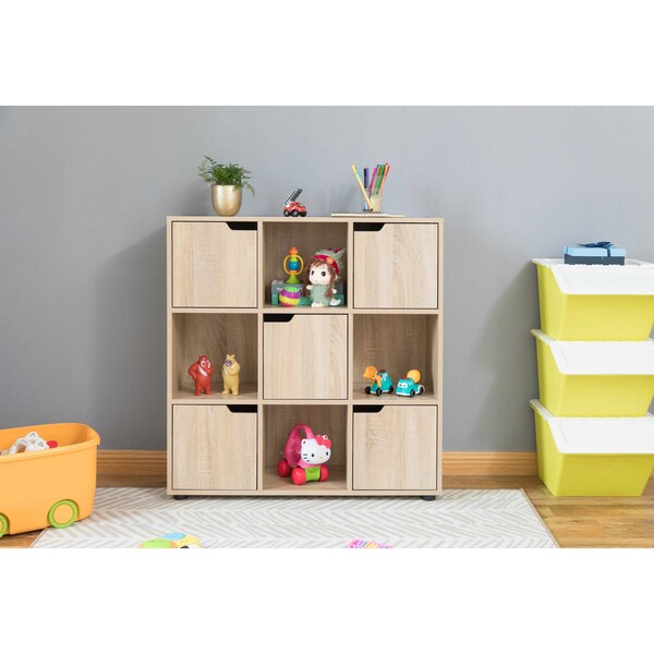 Basicwise 9 Cube Wooden Organizer With 5 Enclosed Doors and 4 Shelves, Oak - QI003677O