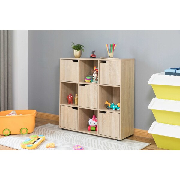 Basicwise 9 Cube Wooden Organizer With 5 Enclosed Doors and 4 Shelves, Oak - QI003677O