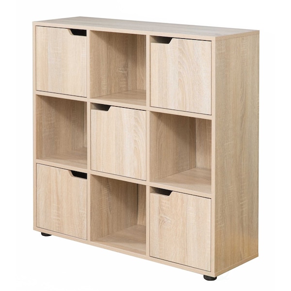 Basicwise 9 Cube Wooden Organizer With 5 Enclosed Doors and 4 Shelves, Oak - QI003677O