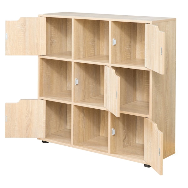 Basicwise 9 Cube Wooden Organizer With 5 Enclosed Doors and 4 Shelves, Oak - QI003677O