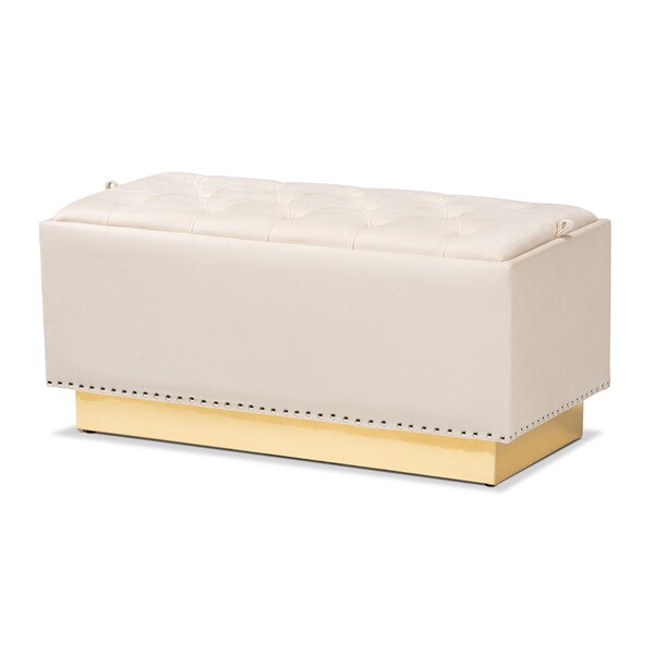 Baxton Studio Powell Glam and Luxe Beige Velvet Fabric and Gold PU Leather Storage Ottoman - 175-11237-ZORO