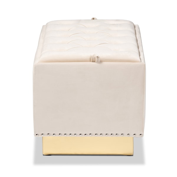 Baxton Studio Powell Glam and Luxe Beige Velvet Fabric and Gold PU Leather Storage Ottoman - 175-11237-ZORO