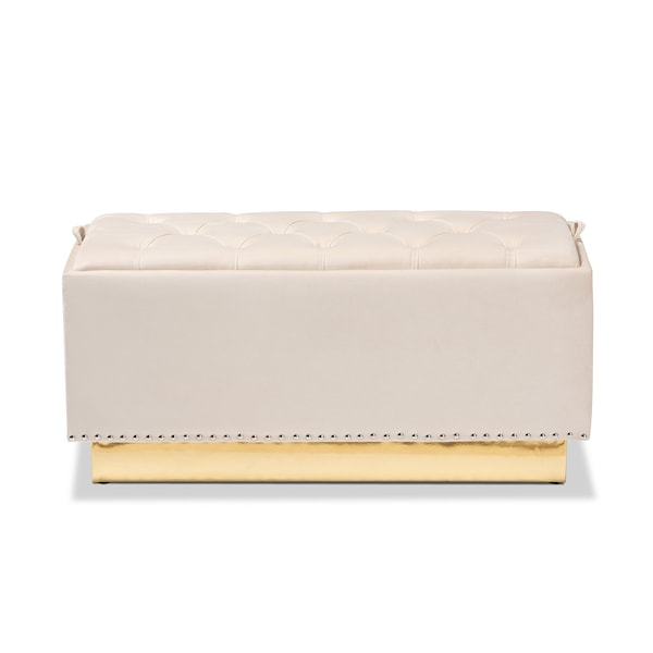 Baxton Studio Powell Glam and Luxe Beige Velvet Fabric and Gold PU Leather Storage Ottoman - 175-11237-ZORO