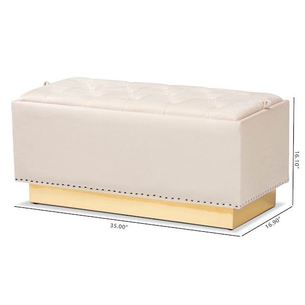 Baxton Studio Powell Glam and Luxe Beige Velvet Fabric and Gold PU Leather Storage Ottoman - 175-11237-ZORO