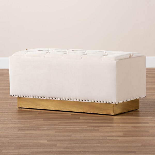 Baxton Studio Powell Glam and Luxe Beige Velvet Fabric and Gold PU Leather Storage Ottoman - 175-11237-ZORO