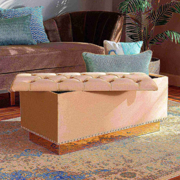 Baxton Studio Powell Glam and Luxe Beige Velvet Fabric and Gold PU Leather Storage Ottoman - 175-11237-ZORO