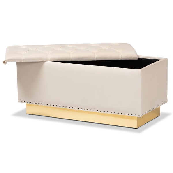 Baxton Studio Powell Glam and Luxe Beige Velvet Fabric and Gold PU Leather Storage Ottoman - 175-11237-ZORO