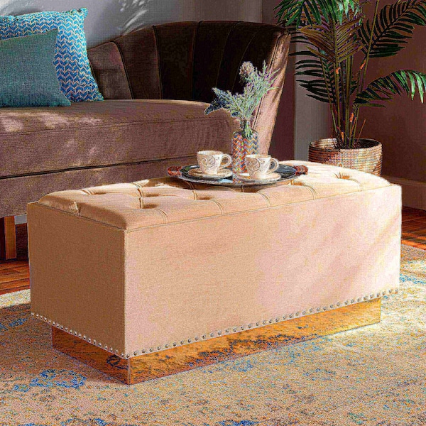Baxton Studio Powell Glam and Luxe Beige Velvet Fabric and Gold PU Leather Storage Ottoman - 175-11237-ZORO