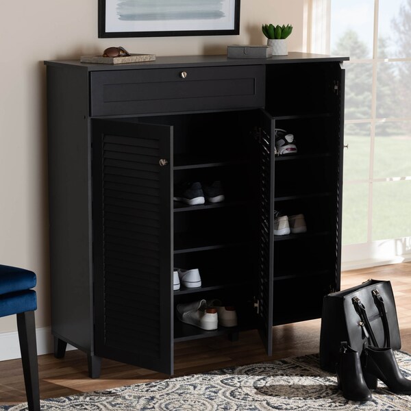 Baxton Studio Coolidge Grey Finished 11-Shelf Wood Shoe Storage Cabinet with Drawer - 156-9559
