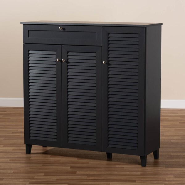 Baxton Studio Coolidge Grey Finished 11-Shelf Wood Shoe Storage Cabinet with Drawer - 156-9559