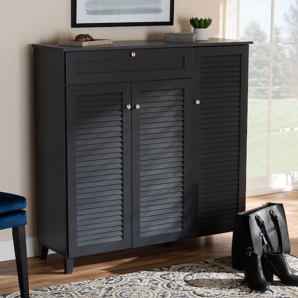 Baxton Studio Coolidge Grey Finished 11-Shelf Wood Shoe Storage Cabinet with Drawer - 156-9559