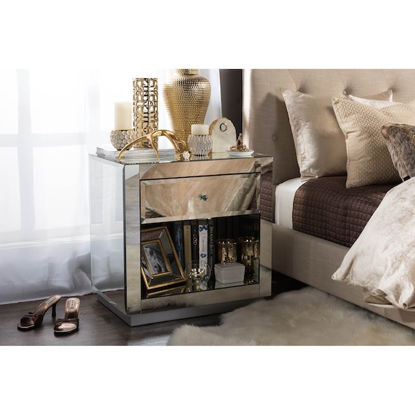 Baxton Studio Rochadh Hollywood Glamour Style 1-drawer and 1-shelf Nightstand - 121-6740
