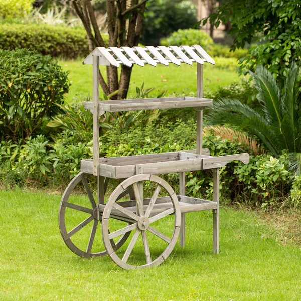 Vintiquewise Antique Rustic Solid Wood Display Rack, 3 Tier w/Wheels, Wood Wagon w/Shelves - QI004639