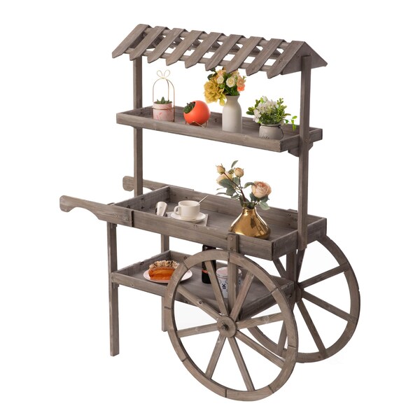 Vintiquewise Antique Rustic Solid Wood Display Rack, 3 Tier w/Wheels, Wood Wagon w/Shelves - QI004639