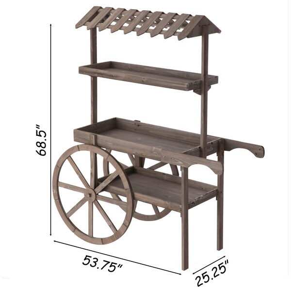 Vintiquewise Antique Rustic Solid Wood Display Rack, 3 Tier w/Wheels, Wood Wagon w/Shelves - QI004639
