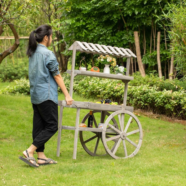 Vintiquewise Antique Rustic Solid Wood Display Rack, 3 Tier w/Wheels, Wood Wagon w/Shelves - QI004639