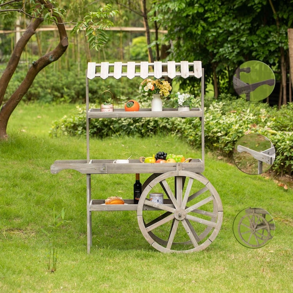 Vintiquewise Antique Rustic Solid Wood Display Rack, 3 Tier w/Wheels, Wood Wagon w/Shelves - QI004639
