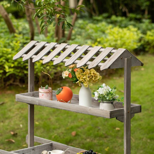 Vintiquewise Antique Rustic Solid Wood Display Rack, 3 Tier w/Wheels, Wood Wagon w/Shelves - QI004639