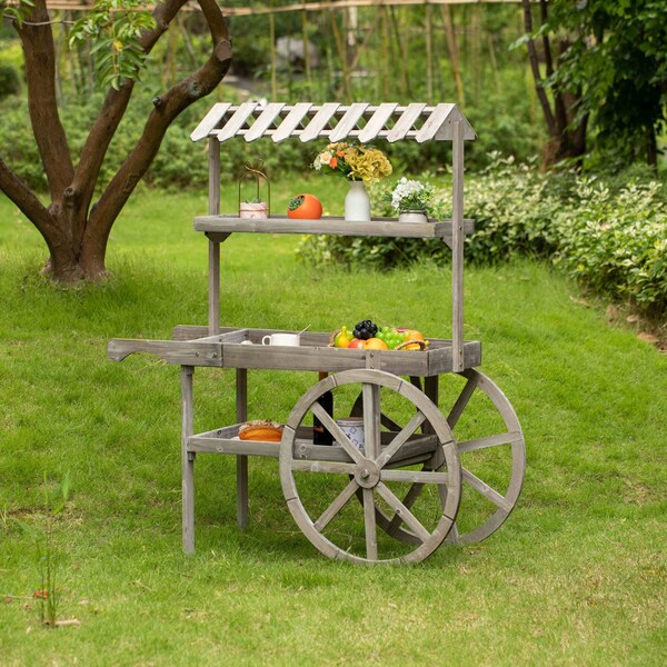 Vintiquewise Antique Rustic Solid Wood Display Rack, 3 Tier w/Wheels, Wood Wagon w/Shelves - QI004639