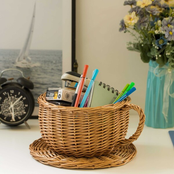 Vintiquewise Wicker Saucer Coffee Mug Cup Decorative Gift Basket Desk Organizer - QI003795