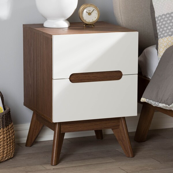 Baxton Studio Calypso Mid-Century White and Walnut Wood 2-Drawer Storage Nightstand - 137-7504
