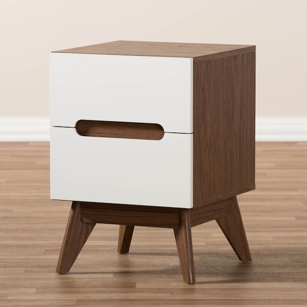 Baxton Studio Calypso Mid-Century White and Walnut Wood 2-Drawer Storage Nightstand - 137-7504