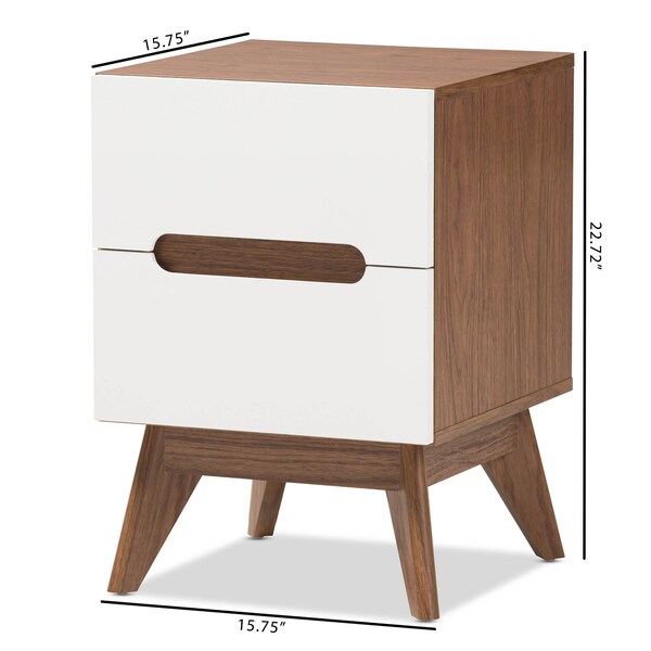 Baxton Studio Calypso Mid-Century White and Walnut Wood 2-Drawer Storage Nightstand - 137-7504