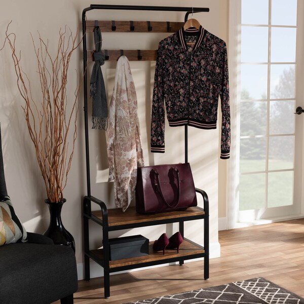 Baxton Studio Aislin Distressed Wood and Black Metal Finished Entryway Hall Tree - 163-10297