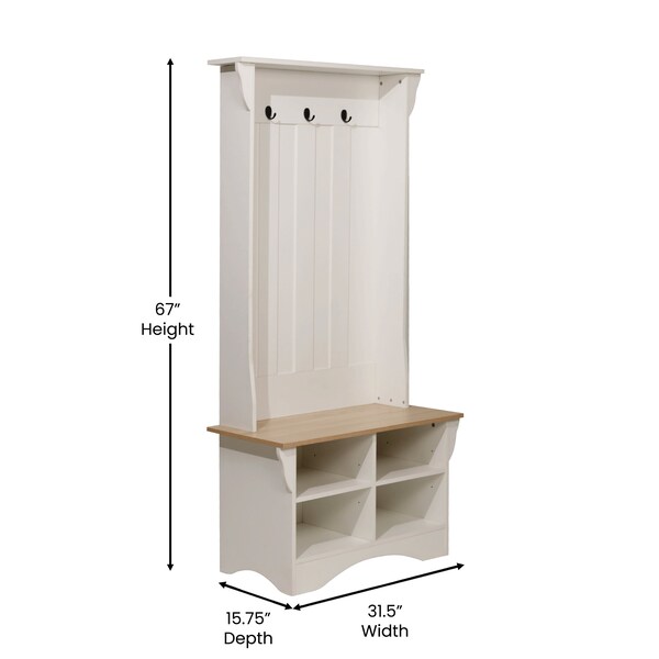 Flash Furniture Paisley 31.5in. Wide Hall Tree w/Bench, 3 Single Storage Hooks, and 4 Lower Storage Cubbies - NAN-FY-HY-HT06-WHTWTH-GG