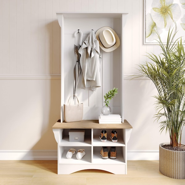 Flash Furniture Paisley 31.5in. Wide Hall Tree w/Bench, 3 Single Storage Hooks, and 4 Lower Storage Cubbies - NAN-FY-HY-HT06-WHTWTH-GG