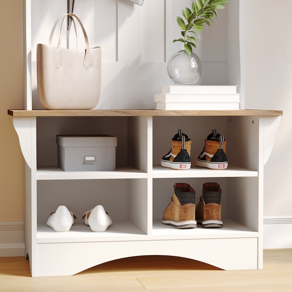 Flash Furniture Paisley 31.5in. Wide Hall Tree w/Bench, 3 Single Storage Hooks, and 4 Lower Storage Cubbies - NAN-FY-HY-HT06-WHTWTH-GG