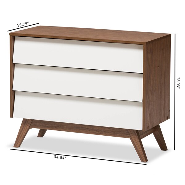 Baxton Studio Hildon Mid-Century White and Walnut Wood 3-Drawer Storage Chest - 136-7492