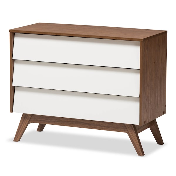 Baxton Studio Hildon Mid-Century White and Walnut Wood 3-Drawer Storage Chest - 136-7492