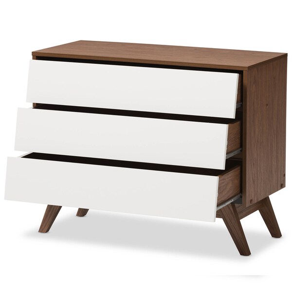 Baxton Studio Hildon Mid-Century White and Walnut Wood 3-Drawer Storage Chest - 136-7492