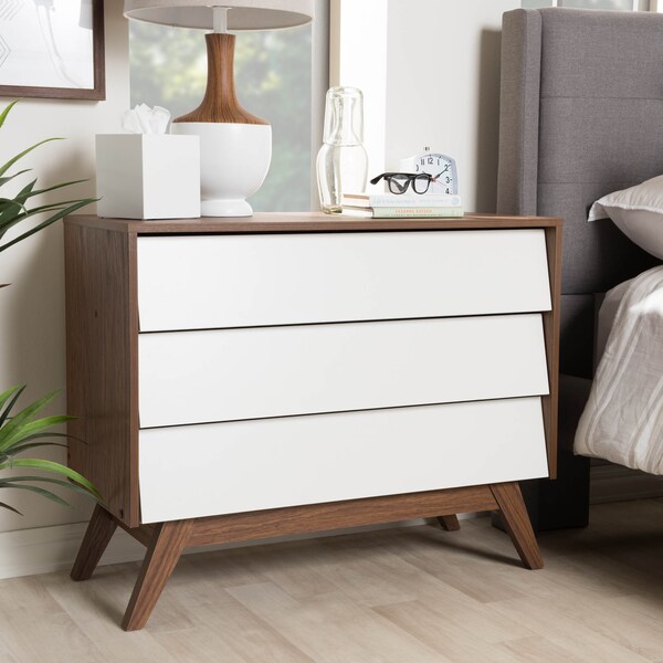 Baxton Studio Hildon Mid-Century White and Walnut Wood 3-Drawer Storage Chest - 136-7492