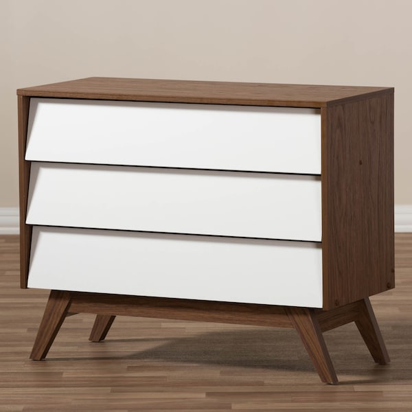 Baxton Studio Hildon Mid-Century White and Walnut Wood 3-Drawer Storage Chest - 136-7492