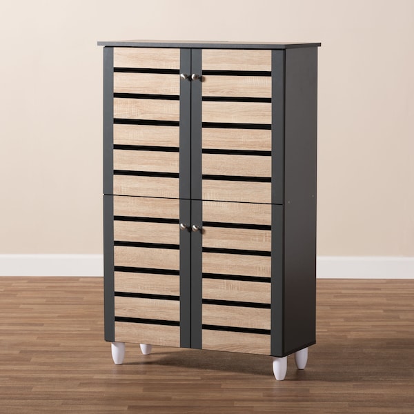 Baxton Studio Gisela Two-Tone Oak and Dark Gray 4-Door Shoe Storage Cabinet - 152-9174