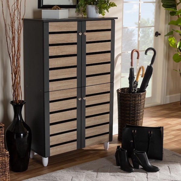 Baxton Studio Gisela Two-Tone Oak and Dark Gray 4-Door Shoe Storage Cabinet - 152-9174