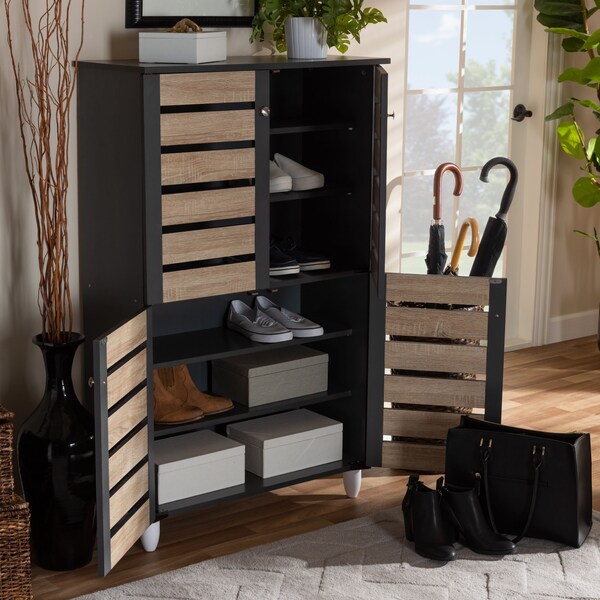 Baxton Studio Gisela Two-Tone Oak and Dark Gray 4-Door Shoe Storage Cabinet - 152-9174