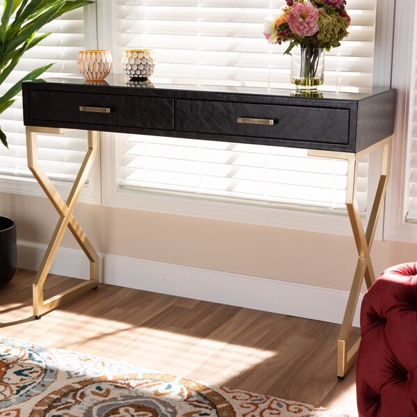 Baxton Studio Carville Dark Upholstered Gold Finished 2-Drawer Console Table - 153-9203