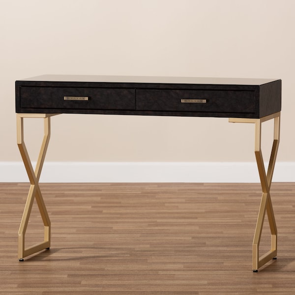 Baxton Studio Carville Dark Upholstered Gold Finished 2-Drawer Console Table - 153-9203