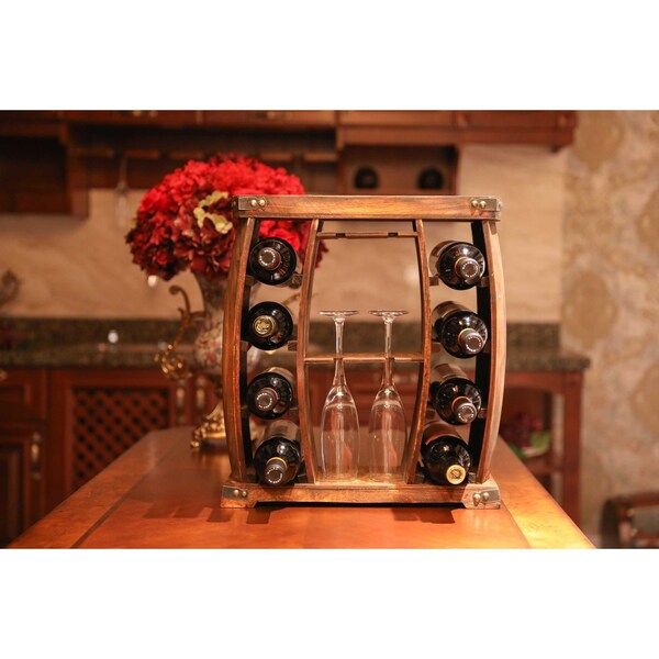 Vintiquewise Decorative Wooden 8 Bottle Rustic Wine Rack with Glasses Holder - QI003606
