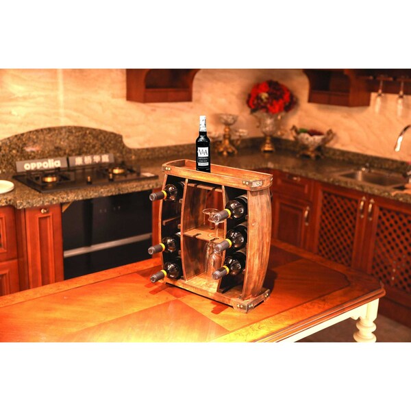 Vintiquewise Decorative Wooden 8 Bottle Rustic Wine Rack with Glasses Holder - QI003606
