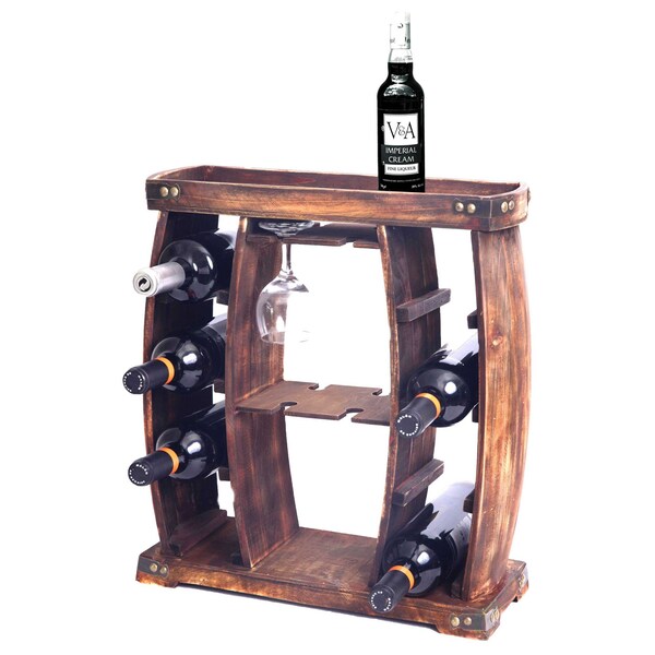 Vintiquewise Decorative Wooden 8 Bottle Rustic Wine Rack with Glasses Holder - QI003606
