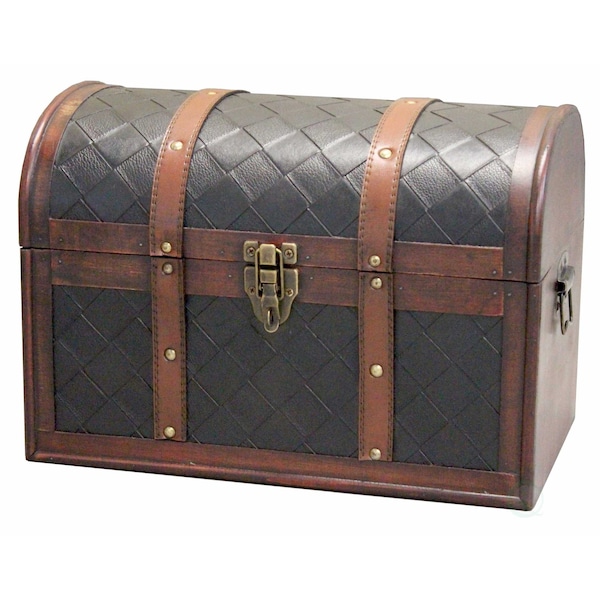 Vintiquewise Wooden Leather Round Top Treasure Chest, Decorative storage Trunk with Lockable Latch - QI003016