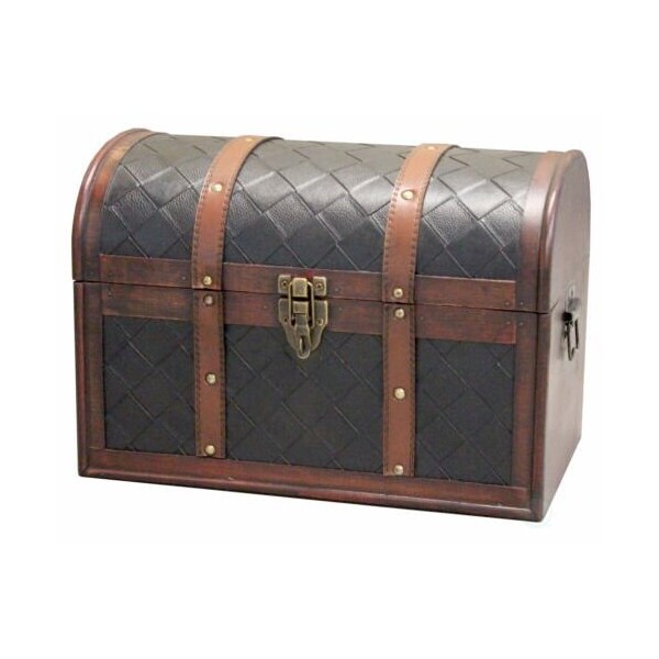 Vintiquewise Wooden Leather Round Top Treasure Chest, Decorative storage Trunk with Lockable Latch - QI003016