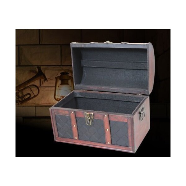 Vintiquewise Wooden Leather Round Top Treasure Chest, Decorative storage Trunk with Lockable Latch - QI003016