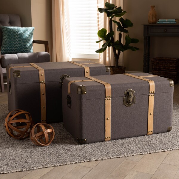 Baxton Studio Stephen Dark Brown Upholstered and Oak Finished 2-Piece Trunk Set - 165-10702
